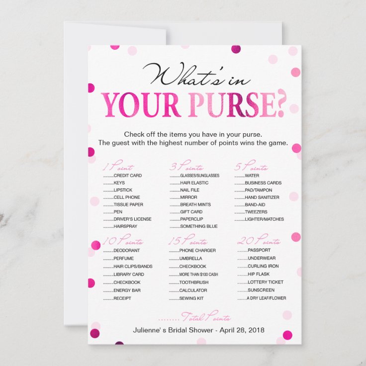 Bridal Shower Pink What 's in your Purse Game Invitation | Zazzle