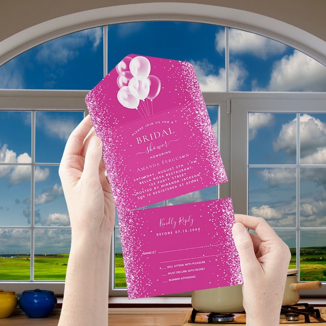 Bridal Shower pink white balloons confetti RSVP All In One Invitation (Creator Uploaded)