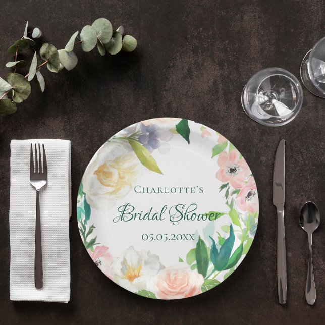 Bridal Shower pink white florals Paper Plates (Creator Uploaded)