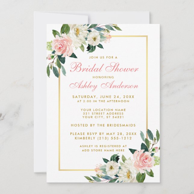 Bridal Shower Pink White Gold Floral Invitation P (Front)