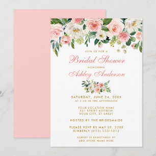 Bridal Shower Pink White Gold Floral Invite GP