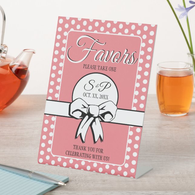 Bridal Shower Pink & White Polka Dots Bows Favors Pedestal Sign (In SItu)
