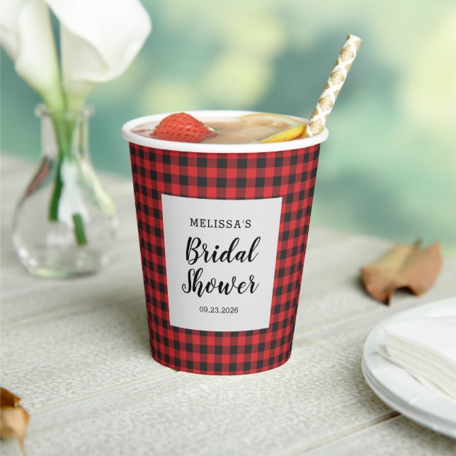 Bridal Shower Plaid Black Red Buffalo Lumberjack Paper Cups (Insitu)