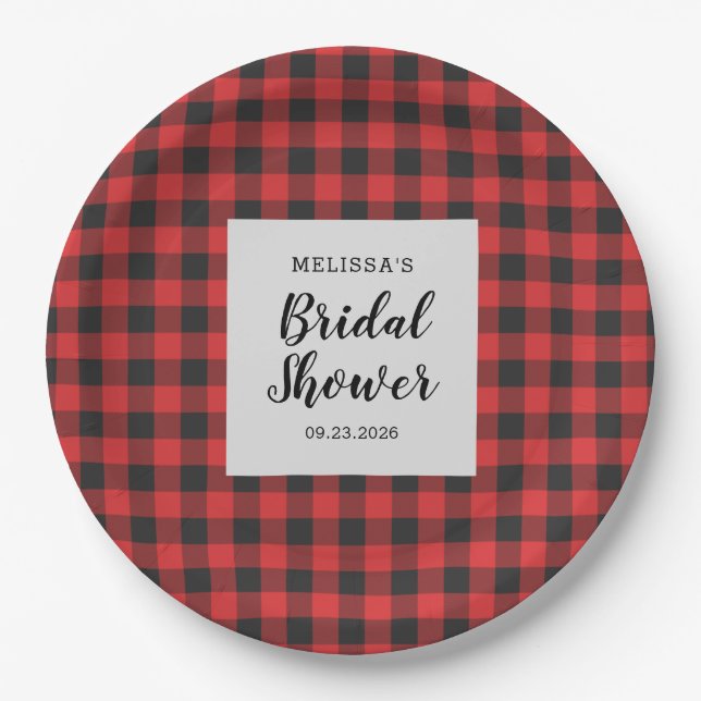 Bridal Shower Plaid Black Red Buffalo Lumberjack Paper Plates (Front)
