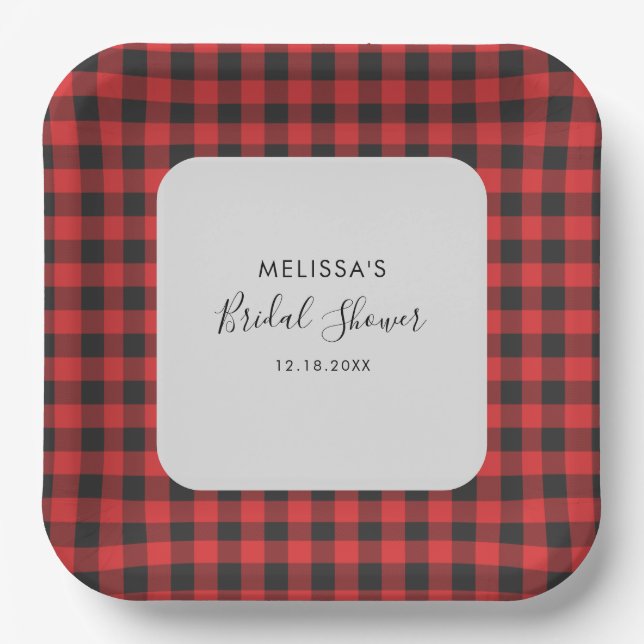 Bridal Shower Plaid Black Red Buffalo Plaid Rustic Paper Plates (Front)