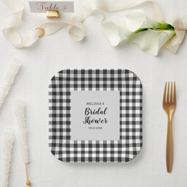 Bridal Shower Plaid Black White Gingham Paper Plates (Wedding)