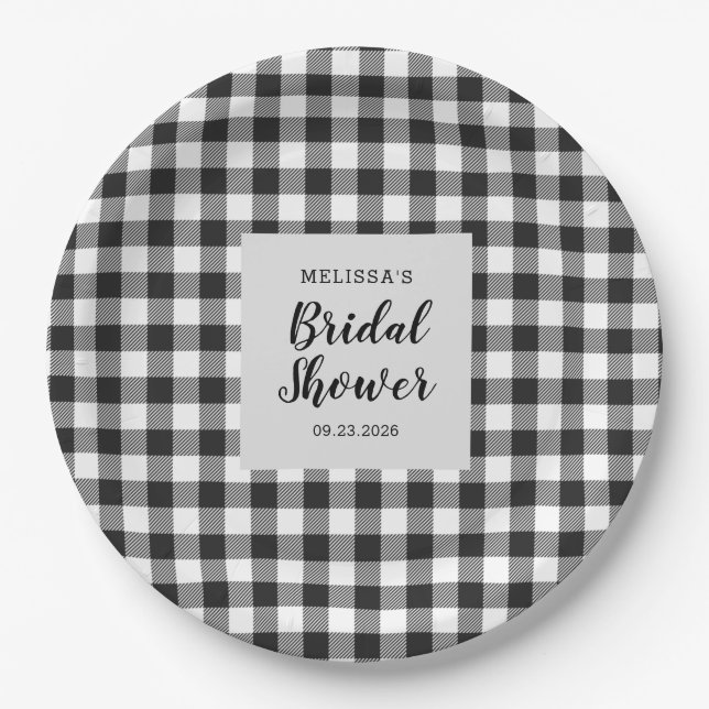 Bridal Shower Plaid Black White Gingham Paper Plates (Front)