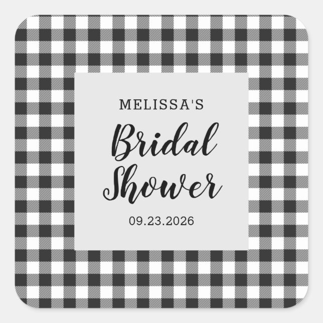 Bridal Shower Plaid Black White Gingham Square Sticker (Front)