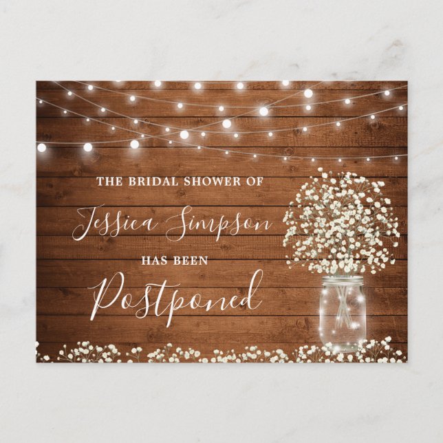 Bridal Shower Postponed Baby's Breath Mason Jar Postcard (Front)