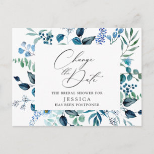 Bridal Shower Postponed Date Elegant Blue Roses Postcard