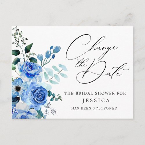 Bridal Shower Postponed Date Elegant Blue Roses Postcard