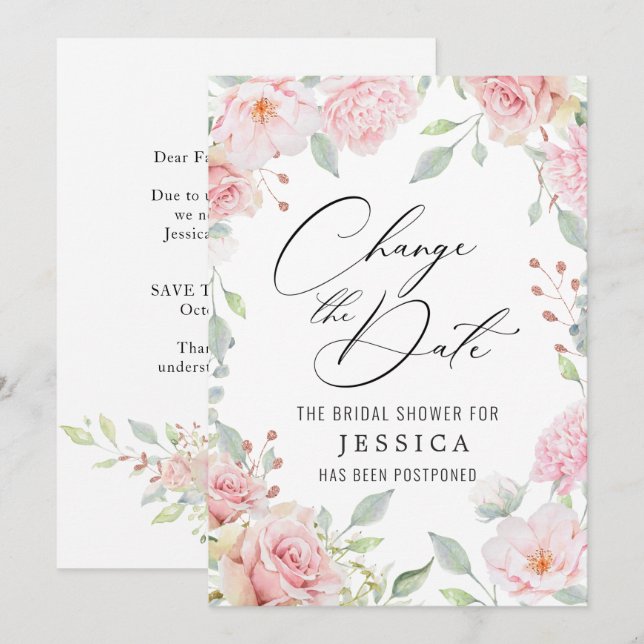 Bridal Shower Postponed Date Elegant Blush Roses Invitation (Front/Back)