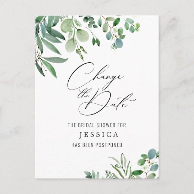 Bridal Shower Postponed Date Elegant Eucalyptus Postcard (Front)