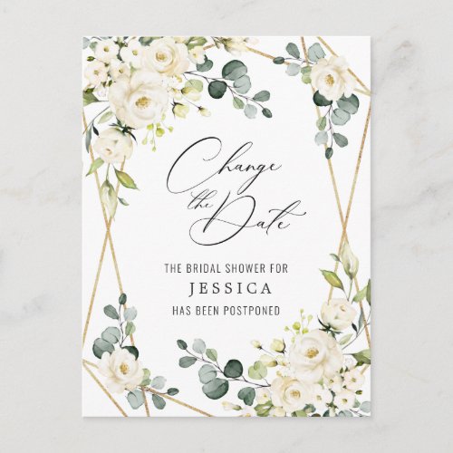 Bridal Shower Postponed Date Elegant White Roses Postcard