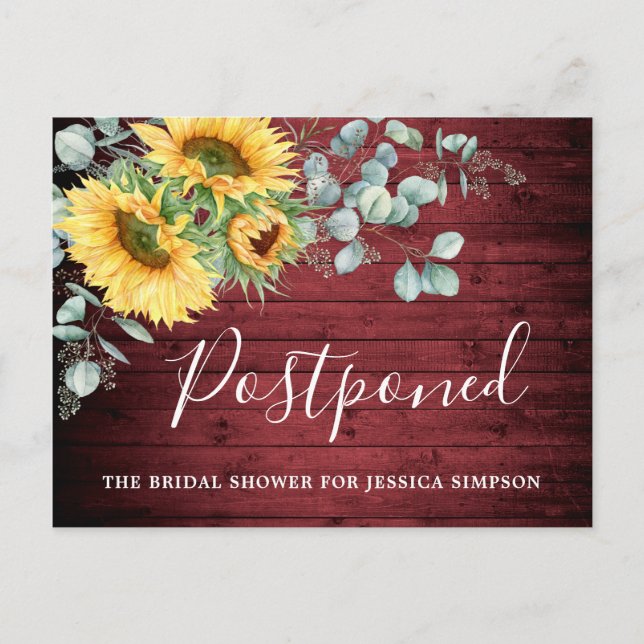 Bridal Shower Postponed Date Sunflowers Eucalyptus Postcard (Front)