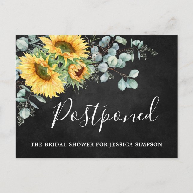 Bridal Shower Postponed Date Sunflowers Eucalyptus Postcard (Front)