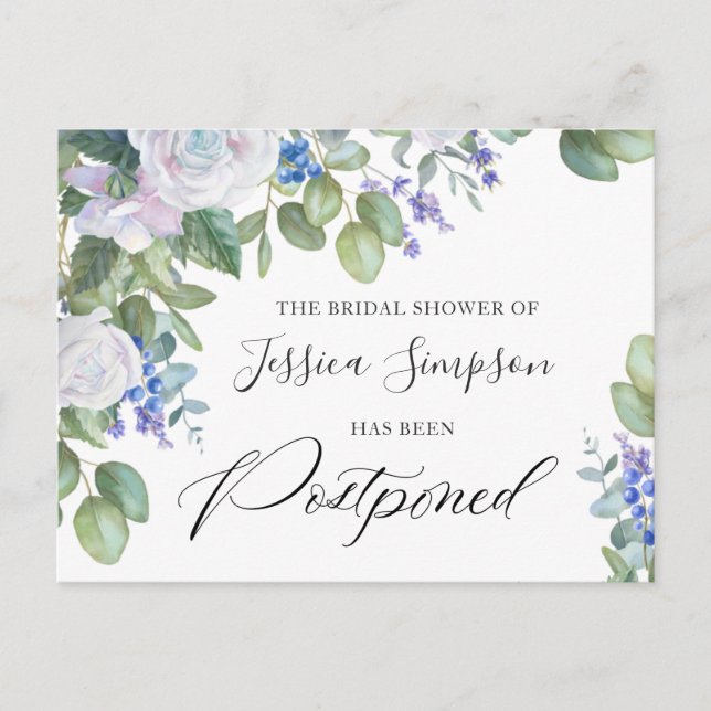 Bridal Shower Postponed Elegant Eucalyptus Roses Postcard (Front)