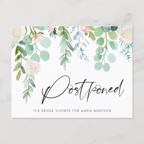 Bridal Shower Postponed Watercolor Floral Greenery Announcement Postcard