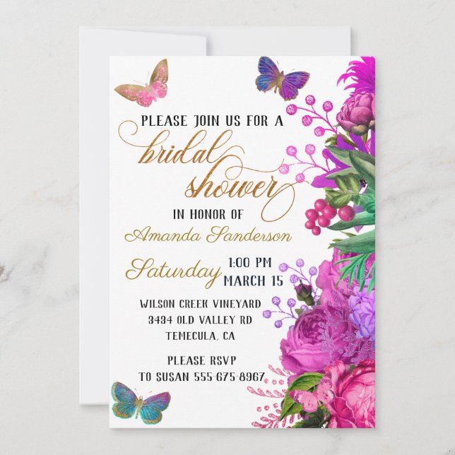 Bridal Shower Pretty Chic Floral Pink Butterfly Invitation (Front)