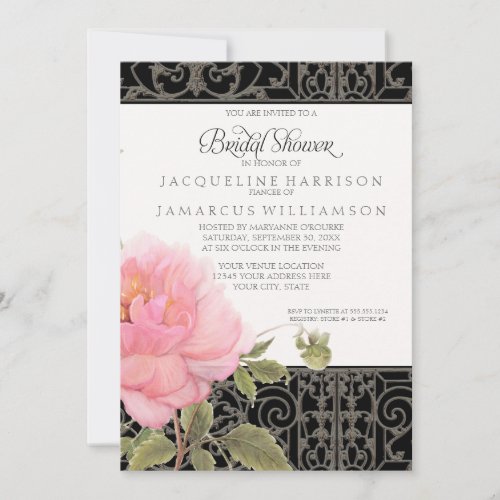 Bridal Shower Pretty Flower Peony Iron Fence Art Invitation