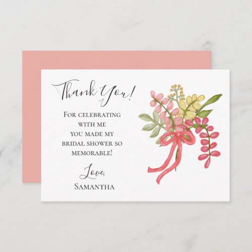 Bridal Shower Pretty Hand Drawn Bow Flowers Pink Thank You Card