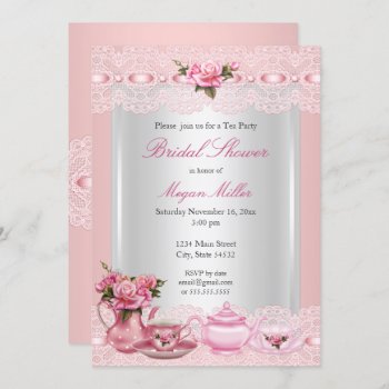 Bridal Shower Pretty Pink Roses High Tea Party Invitation by ExclusiveZazzle at Zazzle