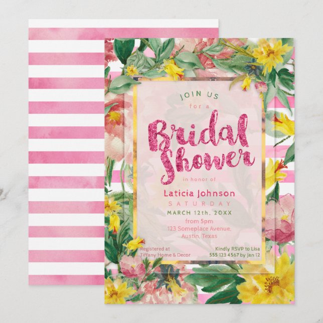 Bridal Shower | Pretty Yellow Pink Floral+Stripes Invitation (Front/Back)