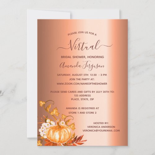 Bridal Shower pumpkin fall copper country virtual Invitation