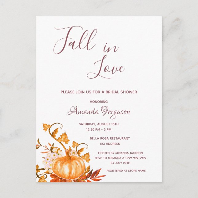 Bridal Shower pumpkin fall golden white invitation Postcard (Front)