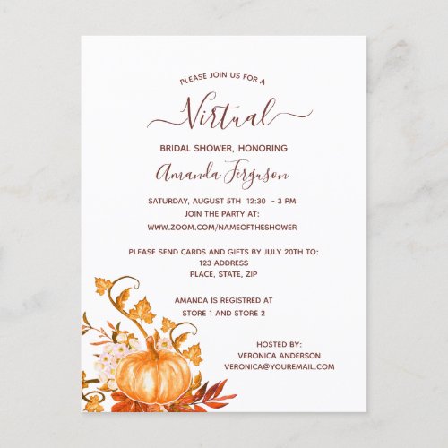 Bridal Shower pumpkin fall virtual invitation Postcard