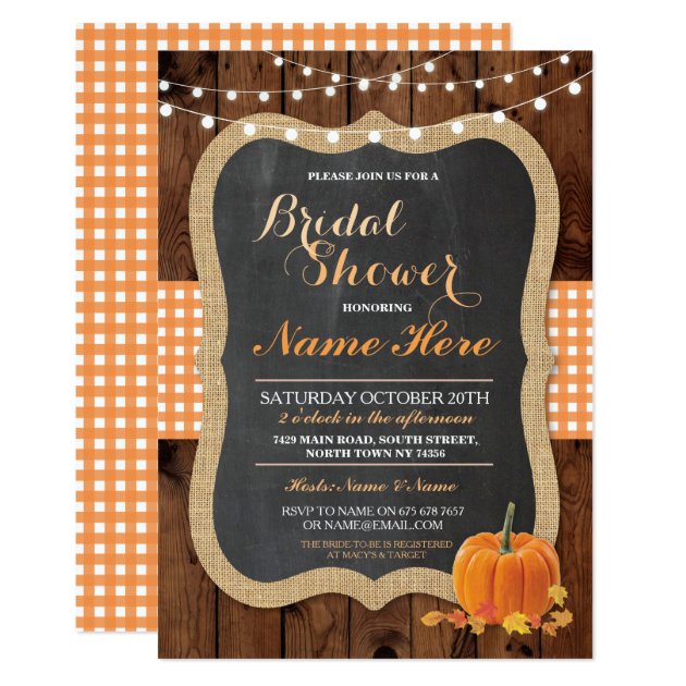 Bridal Shower Pumpkin Fall Wood Burlap Invitation