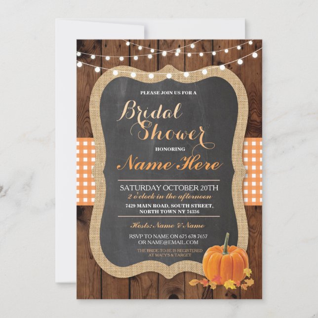 Bridal Shower Pumpkin Fall Wood Burlap Invitation (Front)