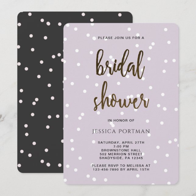Bridal Shower Purple and Gray with Pretty Confetti Invitation (Front/Back)
