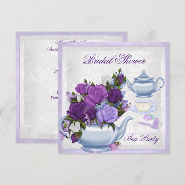 Bridal Shower Purple Blue Floral Tea Party Invitation (Front/Back)