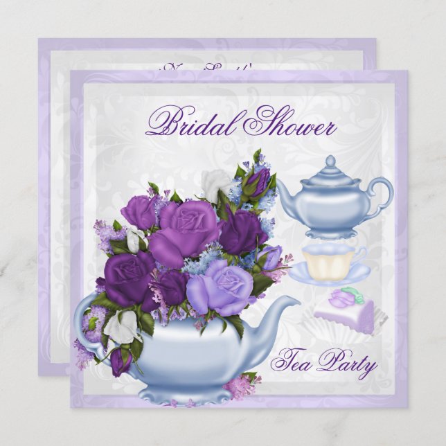 Bridal Shower Purple Blue Floral Tea Party Invitation (Front/Back)