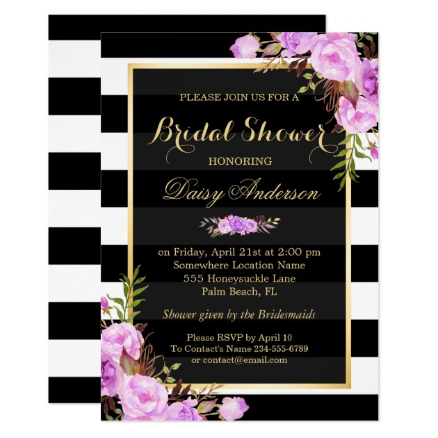 Bridal Shower Purple Floral Gold Frame Stripes Invitation
