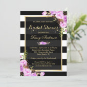 Bridal Shower Purple Floral Gold Frame Stripes Invitation (Standing Front)