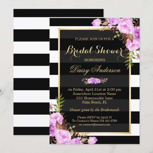 Bridal Shower Purple Floral Gold Frame Stripes Card
