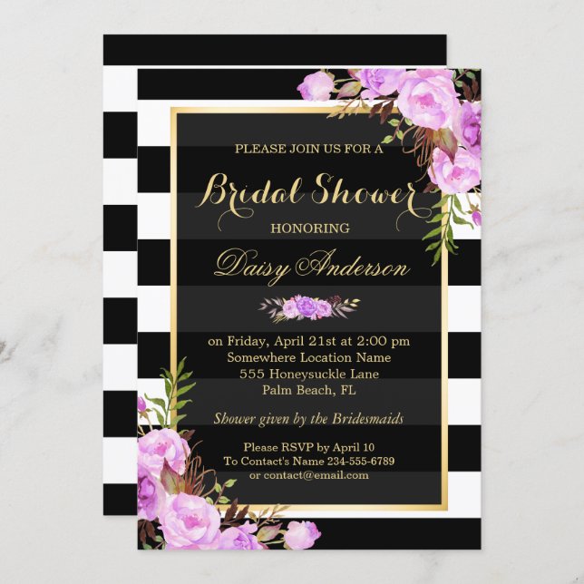 Bridal Shower Purple Floral Gold Frame Stripes Invitation (Front/Back)