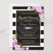 Bridal Shower Purple Floral Gold Frame Stripes Invitation (Front)