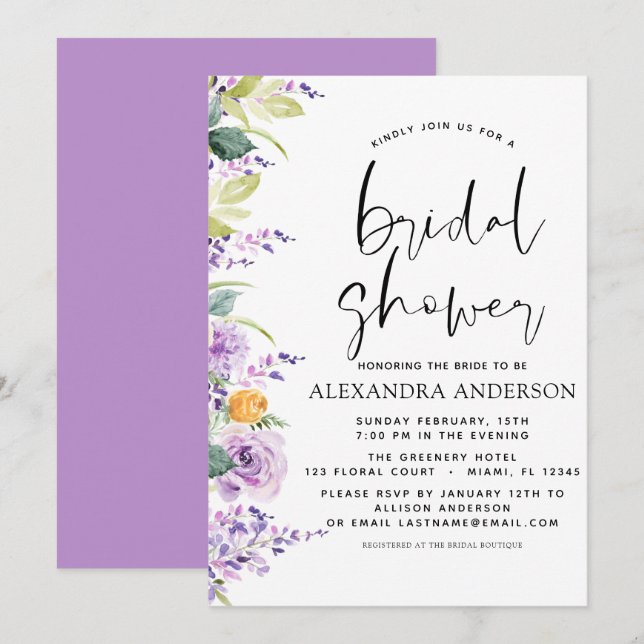 Bridal Shower Purple Floral Greenery Invitation (Front/Back)