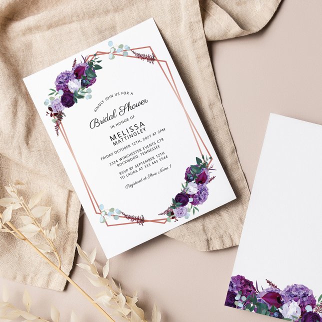Bridal Shower Purple Floral Rose Gold Geometric Invitation (Creator Uploaded)