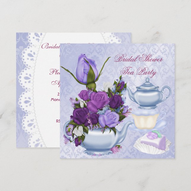 Bridal Shower Purple Floral Tea Party Invitation (Front/Back)