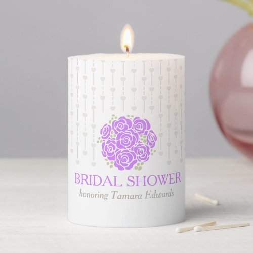 Bridal shower purple flower grey showering hearts pillar candle