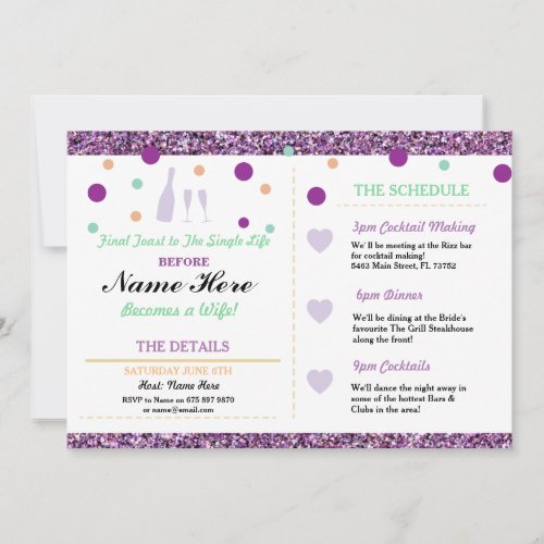 Bridal Shower Purple Glitter Heart Icons Itinerary Invitation