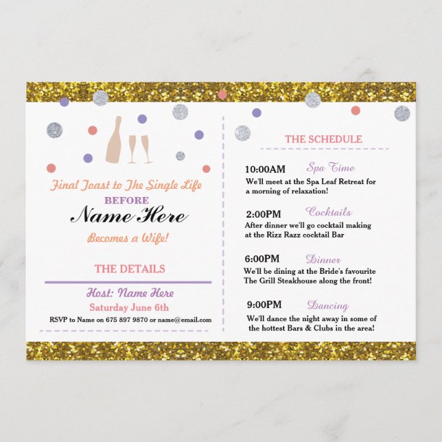 Bridal Shower Purple Gold Itinerary Bachelorette Program (Front)
