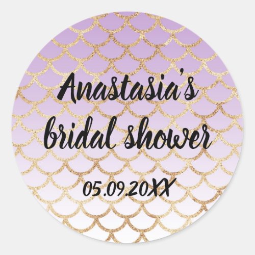 Bridal Shower Purple Gold Mermaid Glitter Sparkles Classic Round Sticker