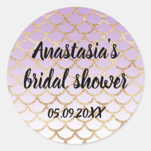 Bridal Shower Purple Gold Mermaid Glitter Sparkles Classic Round Sticker