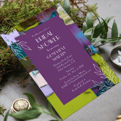 Bridal Shower Purple Green Painted Abstract Floral Invitation