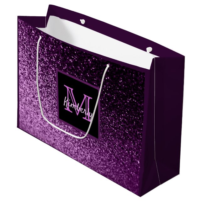 Bridal Shower purple pink glitter glam monogrammed Large Gift Bag (Front Angled)